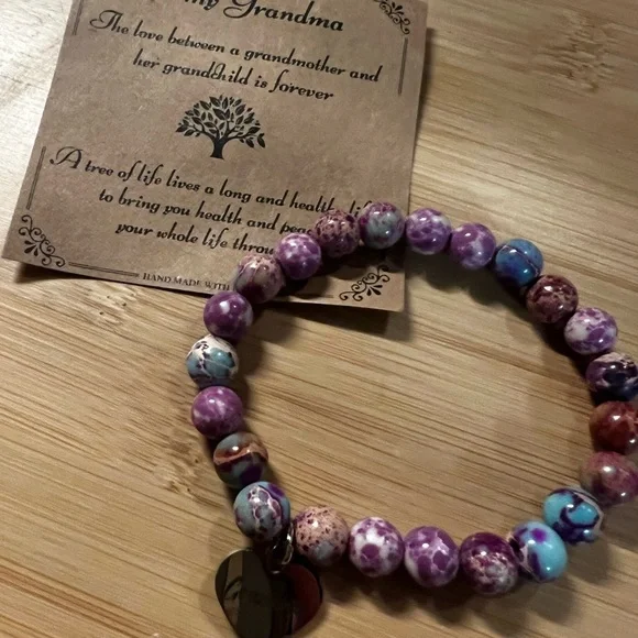Grandma Heart Charm Beaded Bracelet - Purple & Turquoise Beads - Picture 2 of 2